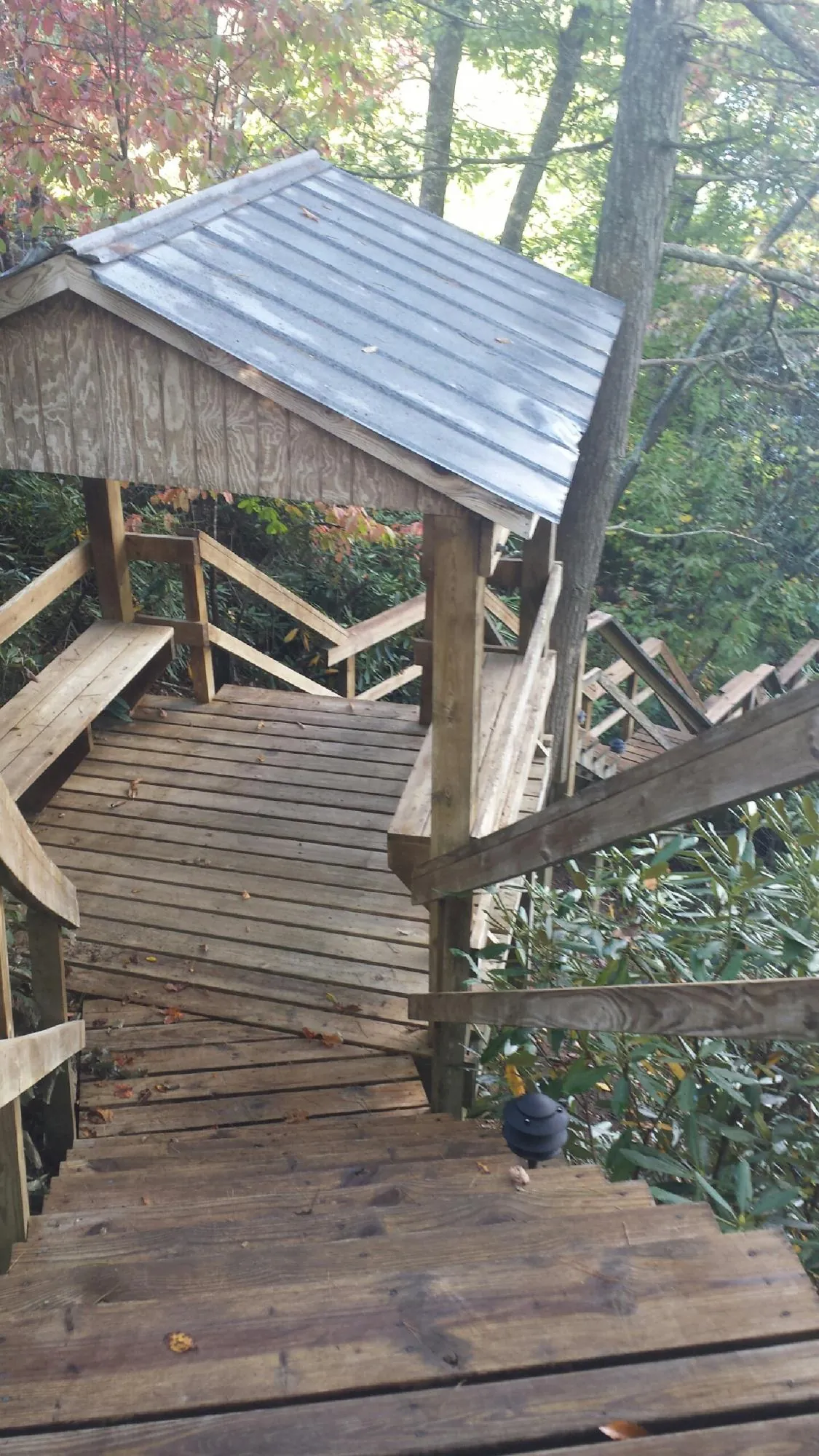 Metal roofed shelter over wooden steps on a wooded walkway — Skylight Repair & Installation work by our crew in Oklee